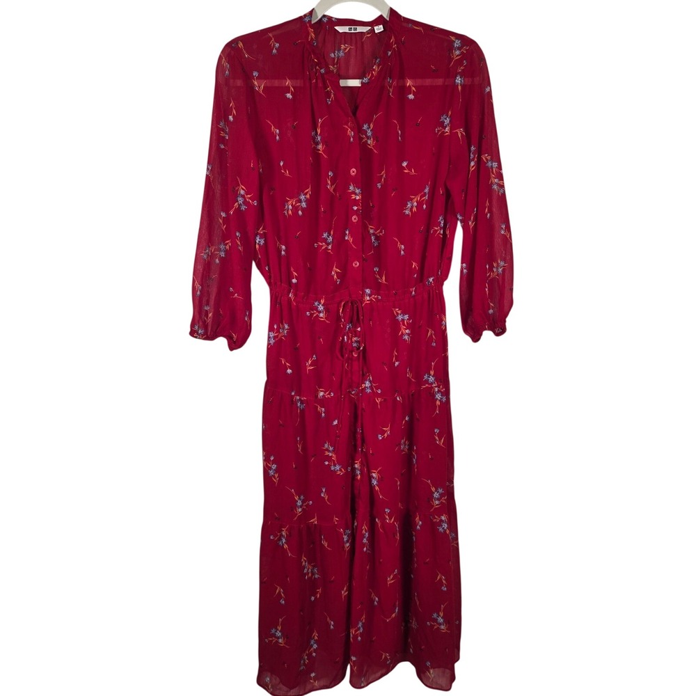 Uniqlo Red Floral Chiffon Midi Dress Long Sleeve Tiered Button Tie Front Small‎